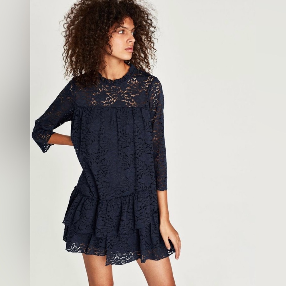 Zara Basic Navy Lace Smock Dress